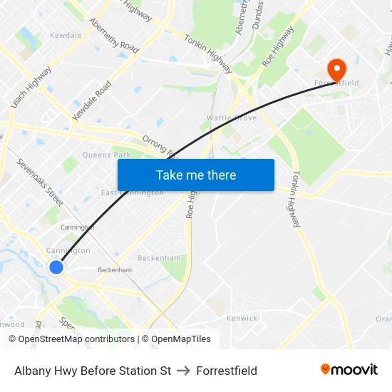 Albany Hwy Before Station St to Forrestfield map