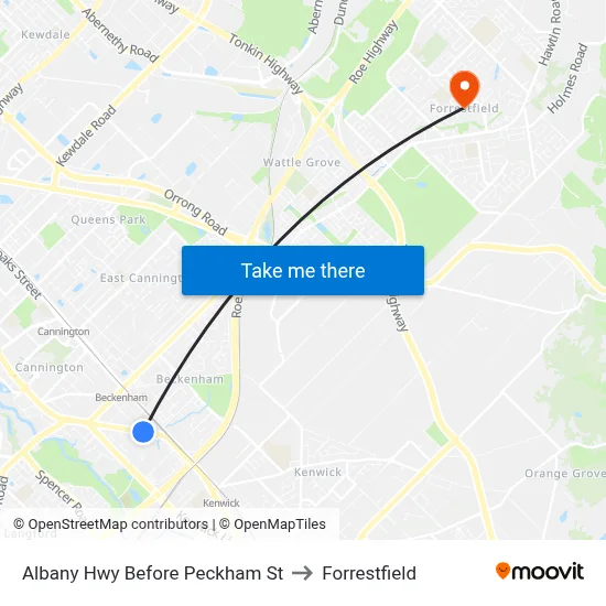 Albany Hwy Before Peckham St to Forrestfield map