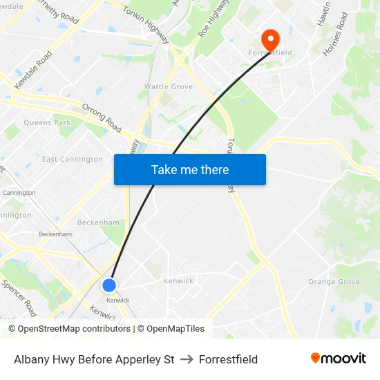 Albany Hwy Before Apperley St to Forrestfield map