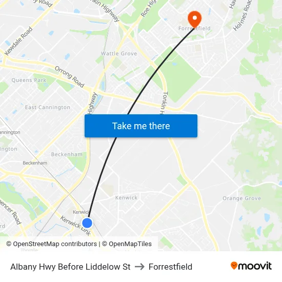 Albany Hwy Before Liddelow St to Forrestfield map