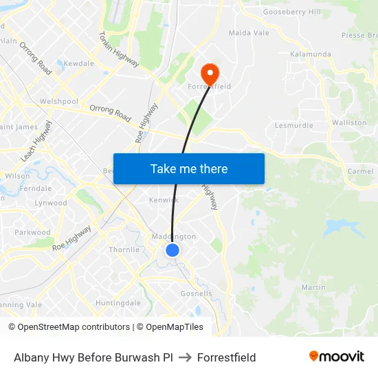 Albany Hwy Before Burwash Pl to Forrestfield map