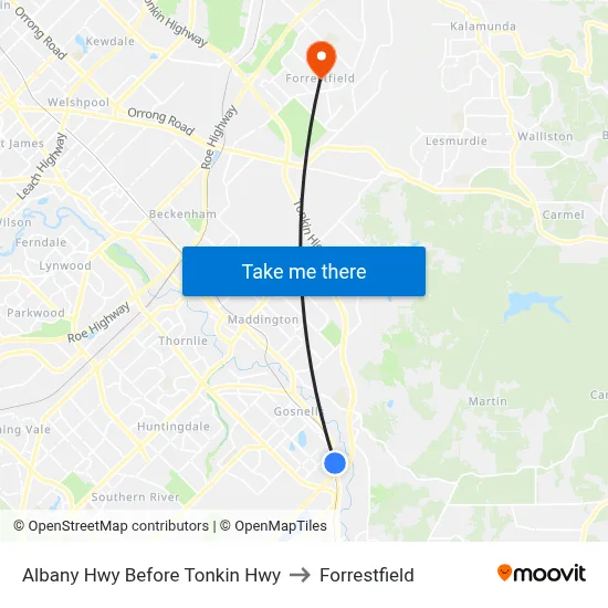 Albany Hwy Before Tonkin Hwy to Forrestfield map