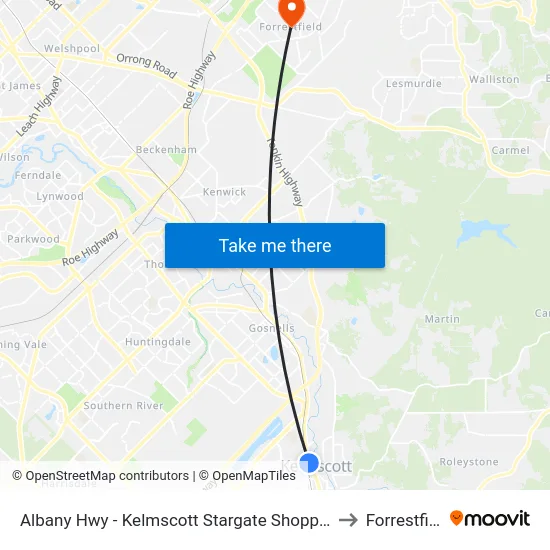 Albany Hwy - Kelmscott Stargate Shopping Ctr to Forrestfield map