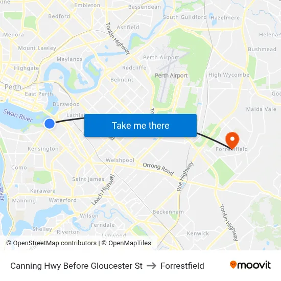 Canning Hwy Before Gloucester St to Forrestfield map