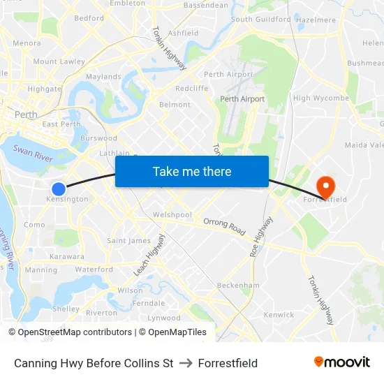 Canning Hwy Before Collins St to Forrestfield map