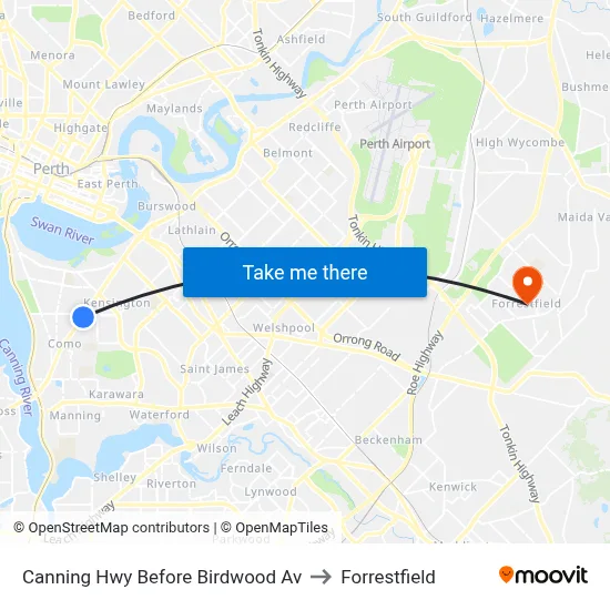 Canning Hwy Before Birdwood Av to Forrestfield map