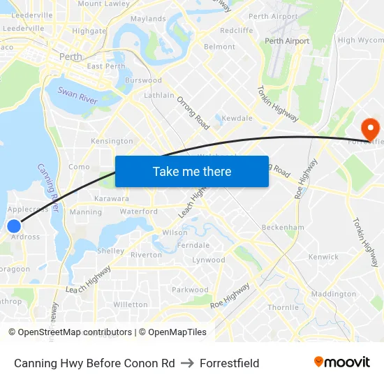 Canning Hwy Before Conon Rd to Forrestfield map
