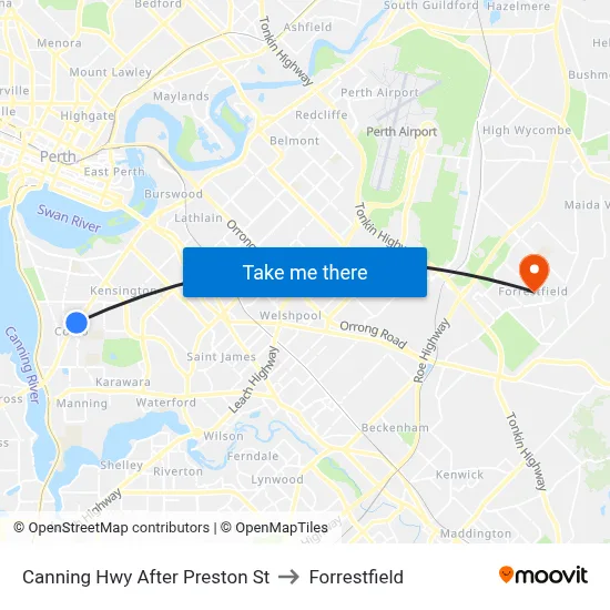 Canning Hwy After Preston St to Forrestfield map