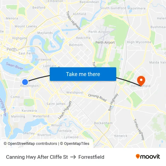 Canning Hwy After Cliffe St to Forrestfield map