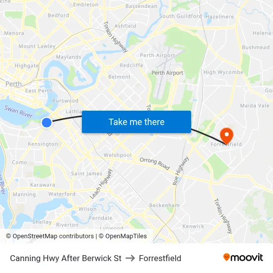 Canning Hwy After Berwick St to Forrestfield map