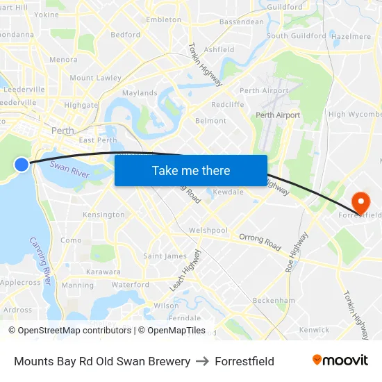 Mounts Bay Rd Old Swan Brewery to Forrestfield map
