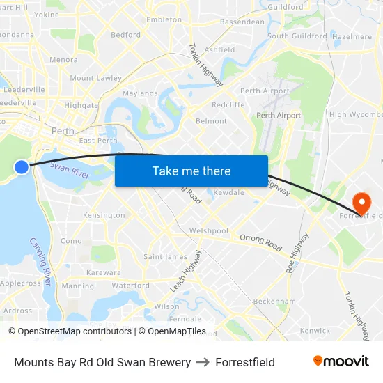 Mounts Bay Rd Old Swan Brewery to Forrestfield map