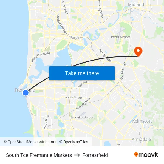 South Tce Fremantle Markets to Forrestfield map