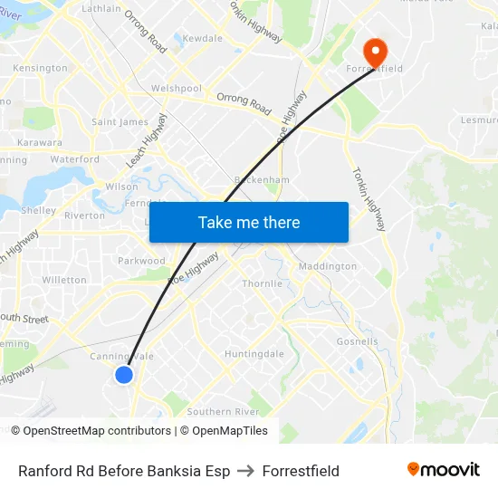 Ranford Rd Before Banksia Esp to Forrestfield map