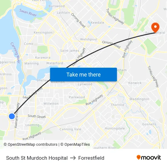 South St Murdoch Hospital to Forrestfield map