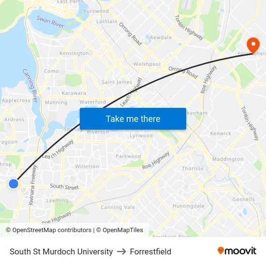 South St Murdoch University to Forrestfield map