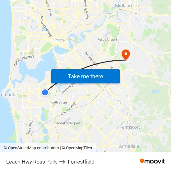 Leach Hwy Ross Park to Forrestfield map