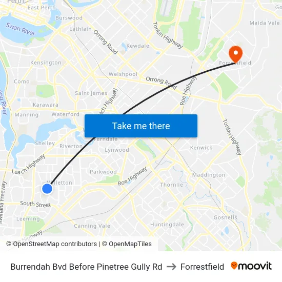 Burrendah Bvd Before Pinetree Gully Rd to Forrestfield map
