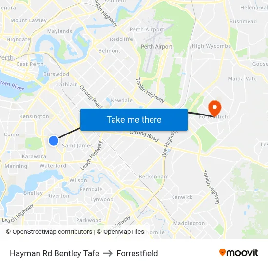 Hayman Rd Bentley Tafe to Forrestfield map