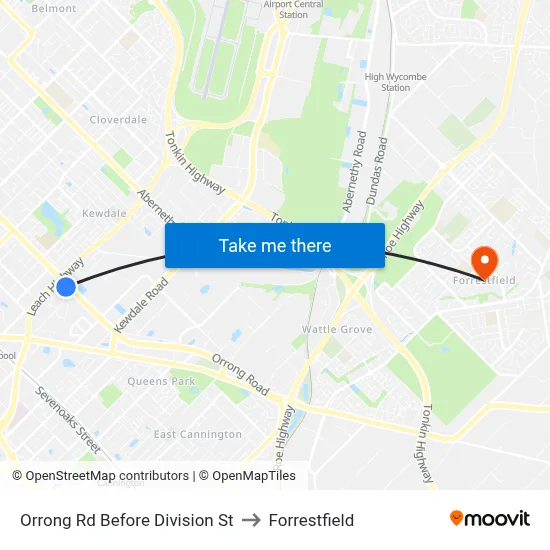 Orrong Rd Before Division St to Forrestfield map