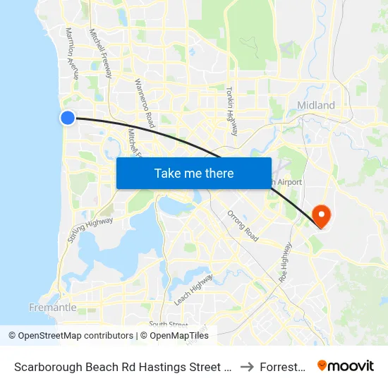 Scarborough Beach Rd Hastings Street Cat Id 19 to Forrestfield map
