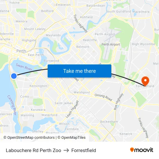 Labouchere Rd Perth Zoo to Forrestfield map