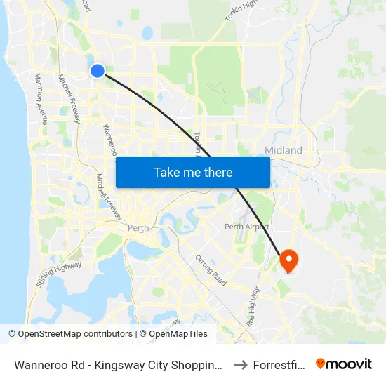Wanneroo Rd - Kingsway City Shopping Ctr to Forrestfield map