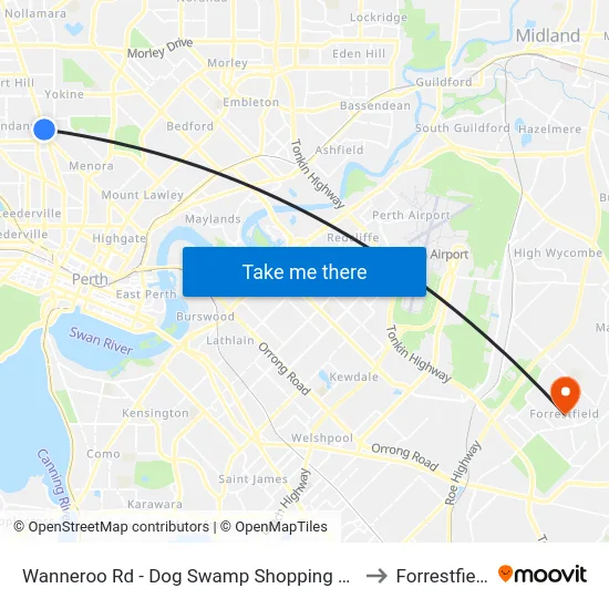Wanneroo Rd - Dog Swamp Shopping Ctr to Forrestfield map