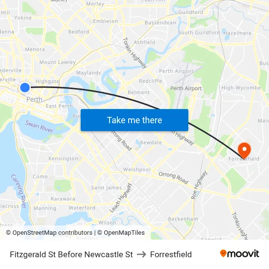 Fitzgerald St Before Newcastle St to Forrestfield map