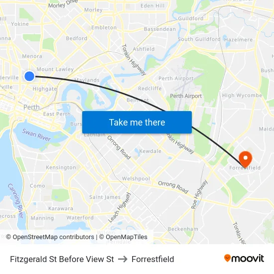 Fitzgerald St Before View St to Forrestfield map