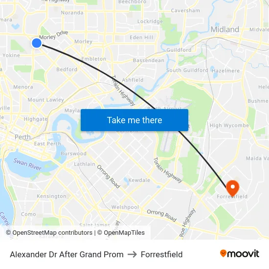 Alexander Dr After Grand Prom to Forrestfield map
