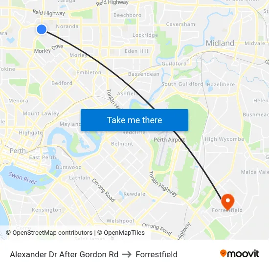 Alexander Dr After Gordon Rd to Forrestfield map