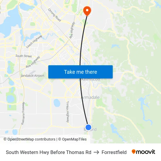South Western Hwy Before Thomas Rd to Forrestfield map