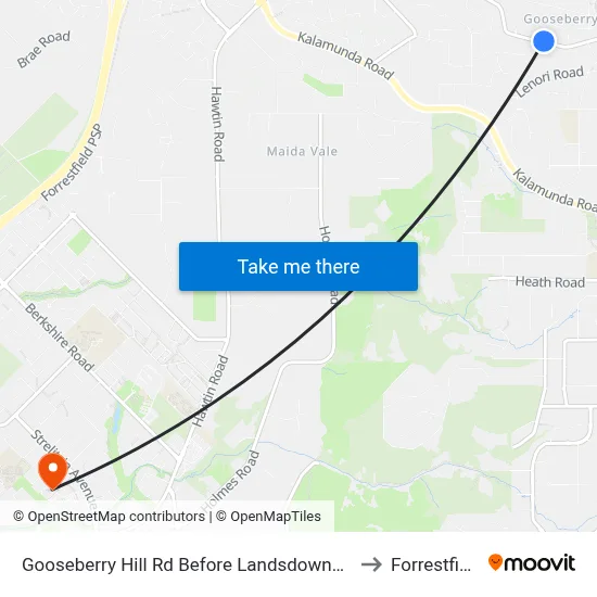 Gooseberry Hill Rd Before Landsdowne Rd to Forrestfield map