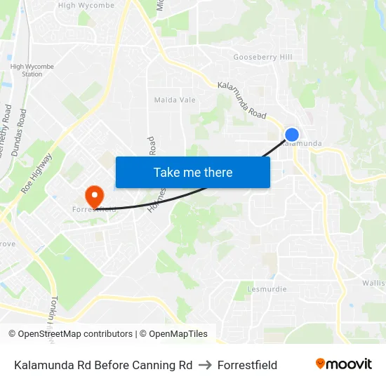 Kalamunda Rd Before Canning Rd to Forrestfield map