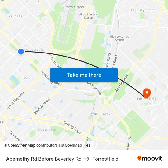Abernethy Rd Before Beverley Rd to Forrestfield map