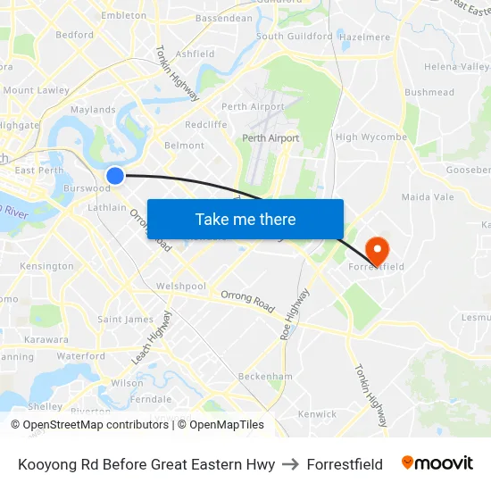 Kooyong Rd Before Great Eastern Hwy to Forrestfield map