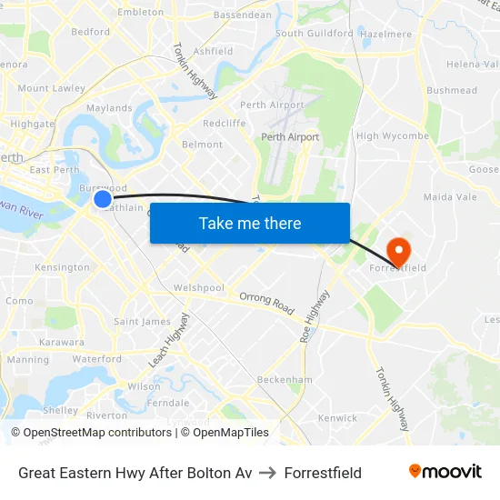Great Eastern Hwy After Bolton Av to Forrestfield map