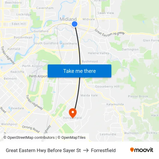 Great Eastern Hwy Before Sayer St to Forrestfield map