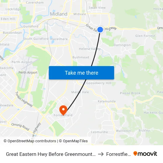 Great Eastern Hwy Before Greenmount Ri to Forrestfield map