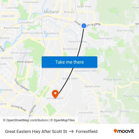 Great Eastern Hwy After Scott St to Forrestfield map