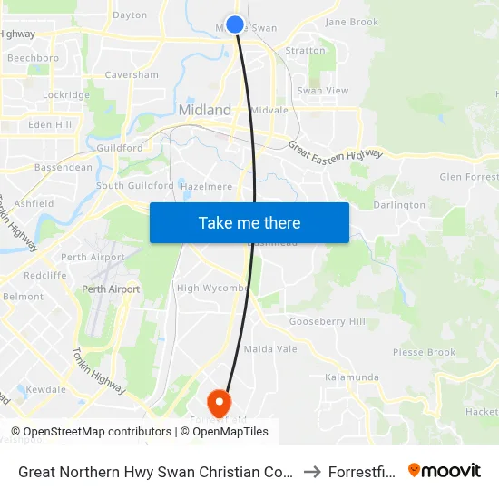 Great Northern Hwy Swan Christian College to Forrestfield map