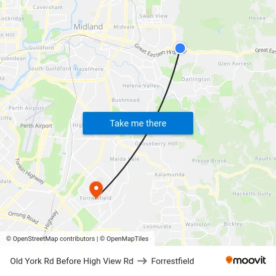 Old York Rd Before High View Rd to Forrestfield map