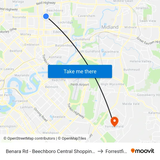 Benara Rd - Beechboro Central Shopping Ctr to Forrestfield map