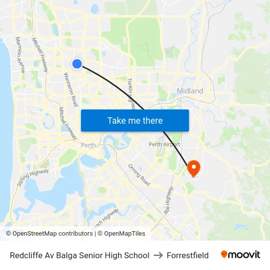 Redcliffe Av Balga Senior High School to Forrestfield map