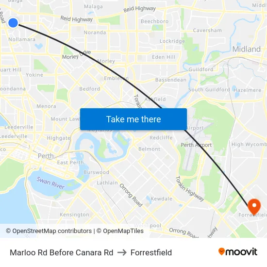 Marloo Rd Before Canara Rd to Forrestfield map