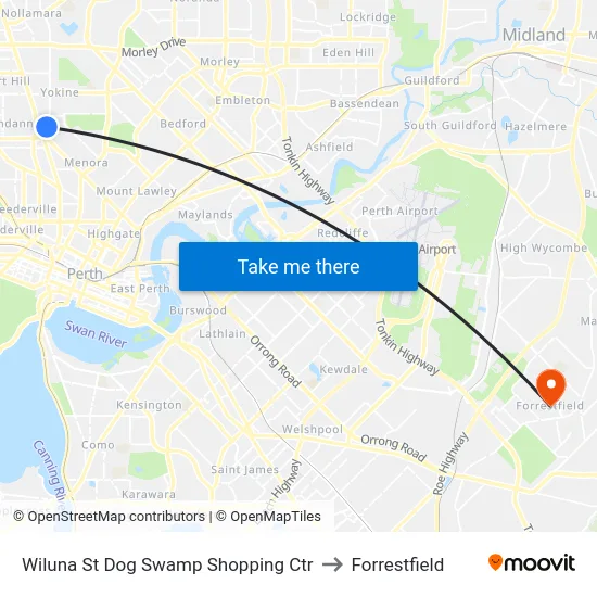 Wiluna St Dog Swamp Shopping Ctr to Forrestfield map