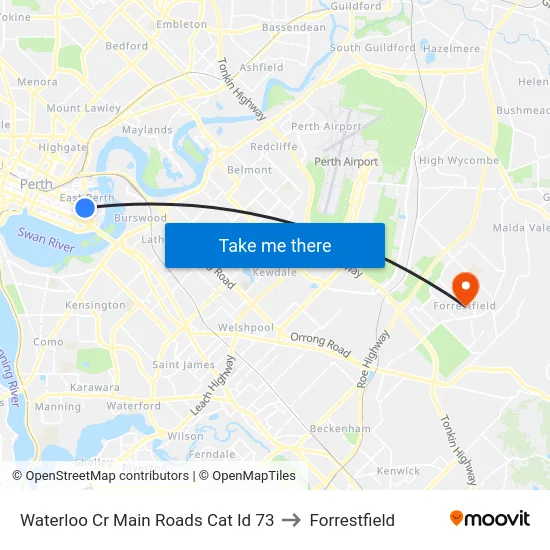 Waterloo Cr Main Roads Cat Id 73 to Forrestfield map