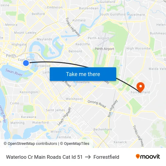 Waterloo Cr Main Roads Cat Id 51 to Forrestfield map