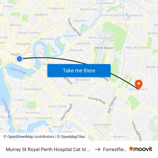 Murray St Royal Perth Hospital Cat Id 101 to Forrestfield map